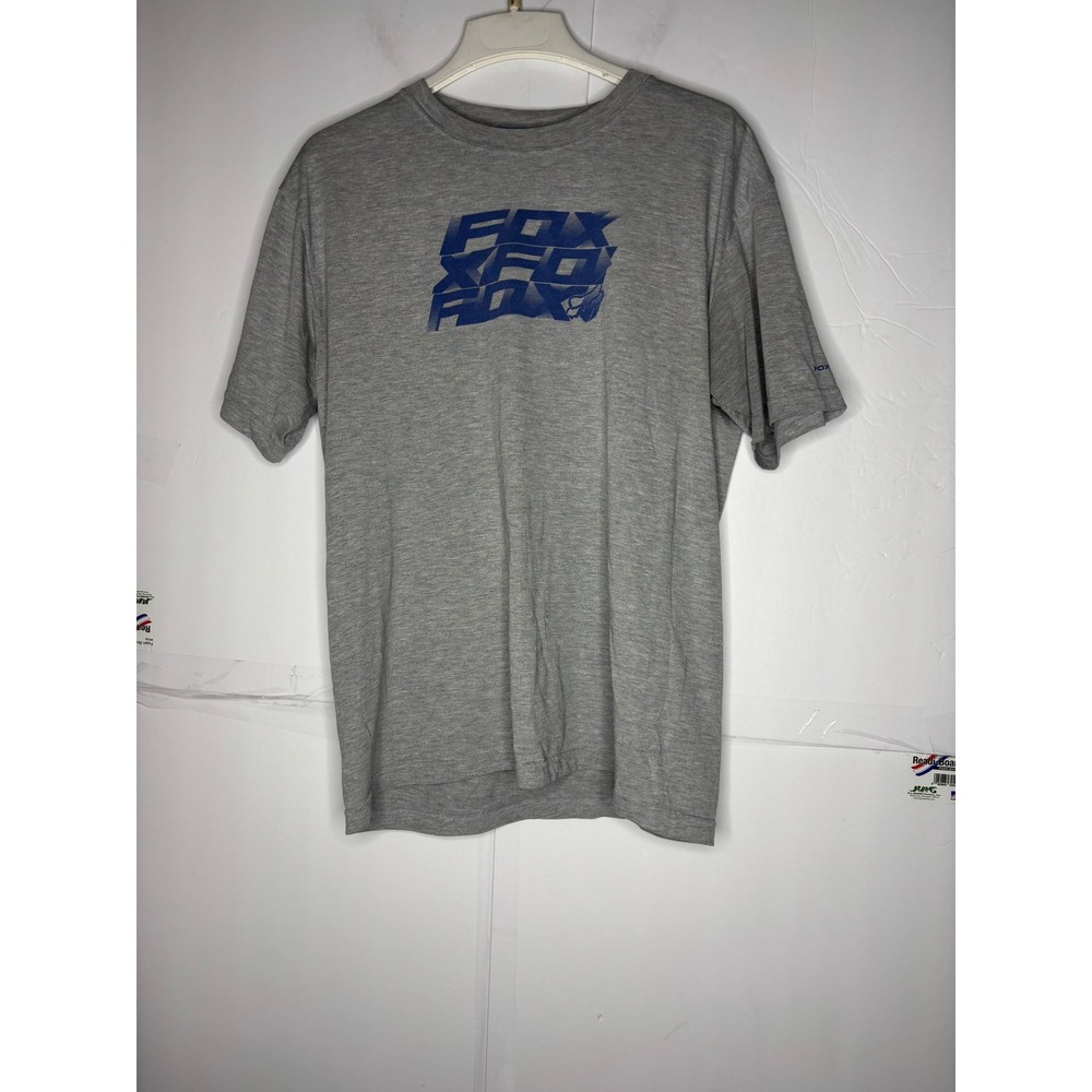 Fox Racing Foxtech Mens Large Gray Short Sleeve Graphic T-Shirt Blue Logo Tee